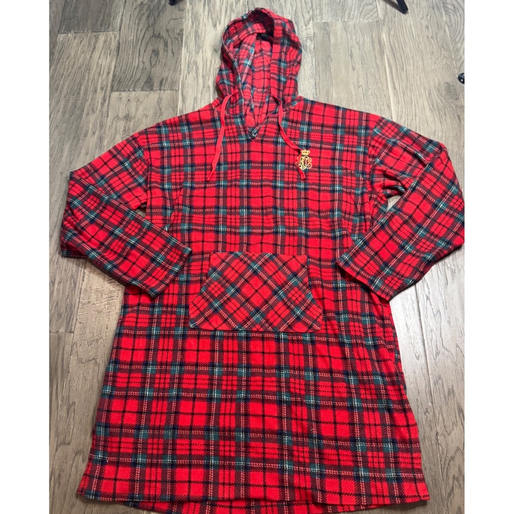 LAUREN RALPH LAUREN Plaid Fleece Hooded Lounge‎ Dress Sleep Shirt Top L Red